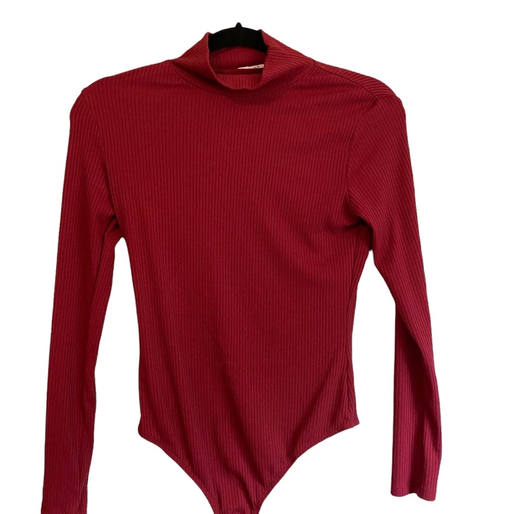 Red Mock Neck Ribbed Women's Bodysuit (size: M)